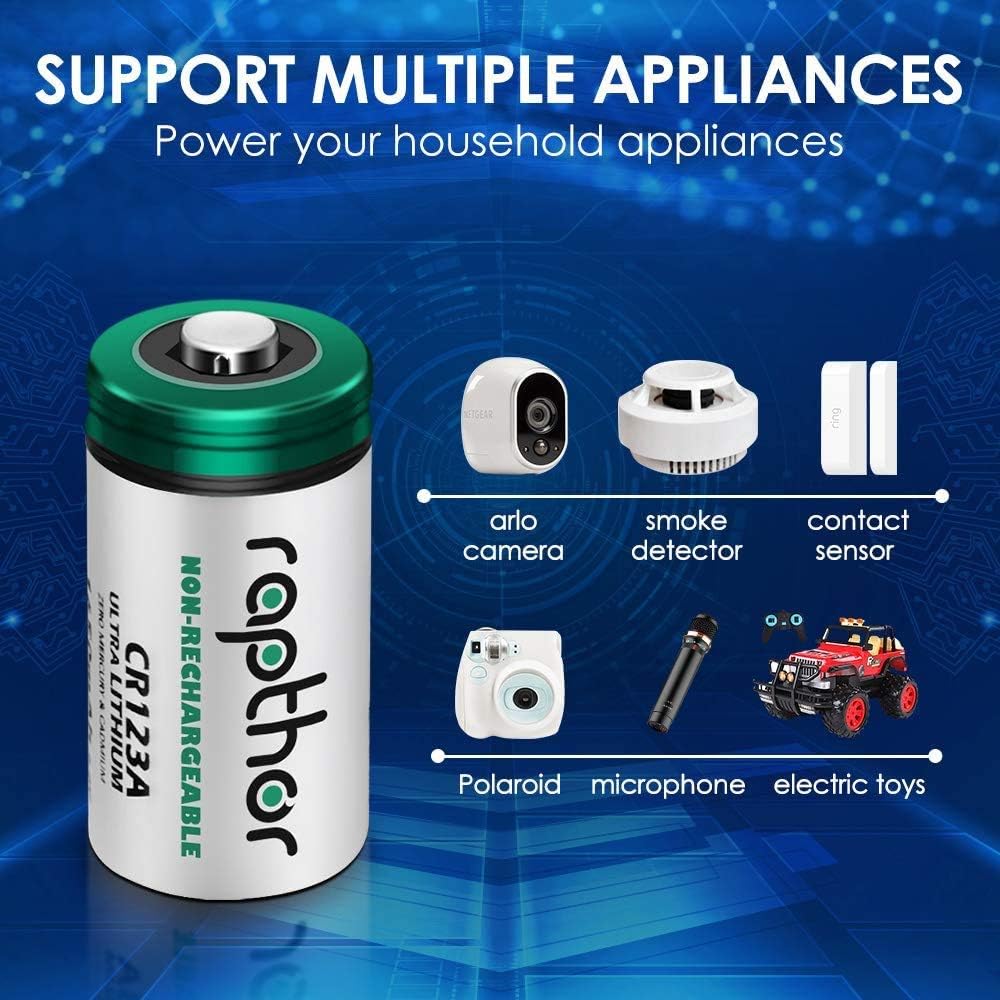 Rapthor CR123A 3V Lithium Battery 1650mAh High Power CR123 123a CR17345 Non-rechargeable Batteries with Built-in PTC for Flashlight Toys Alarm System Microphones (16 Pack) - Image 4