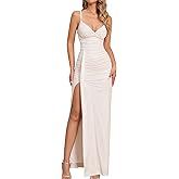 GLNEGE Bodycon Slit Fall Wedding Guest Formal Maxi Dresses Spaghetti V Neck Ruched Elegant Cocktail Dress for Women