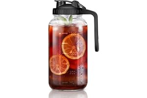 Wide Mouth Mason Jars 64 oz with Pour Spout Lids, SNGKMSYG 2 Quart Glass Pitcher with Lid, Double Leak Proof Breast Milk Pitcher for Fridge, Coffee, Water, Iced Tea (Black, 64oz, 1 Pack)