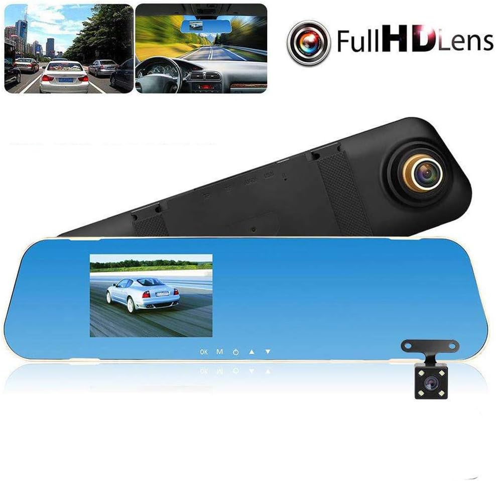Kuerqi 4.3'' Car DVR HD 1080P Dual Lens Mirror Dash Cam Recorder Rearview Night Vision G-sensor, Motion Detection, Cycle Recording Dual Lens, Anti-Surge Voltage Shock, Waterproof