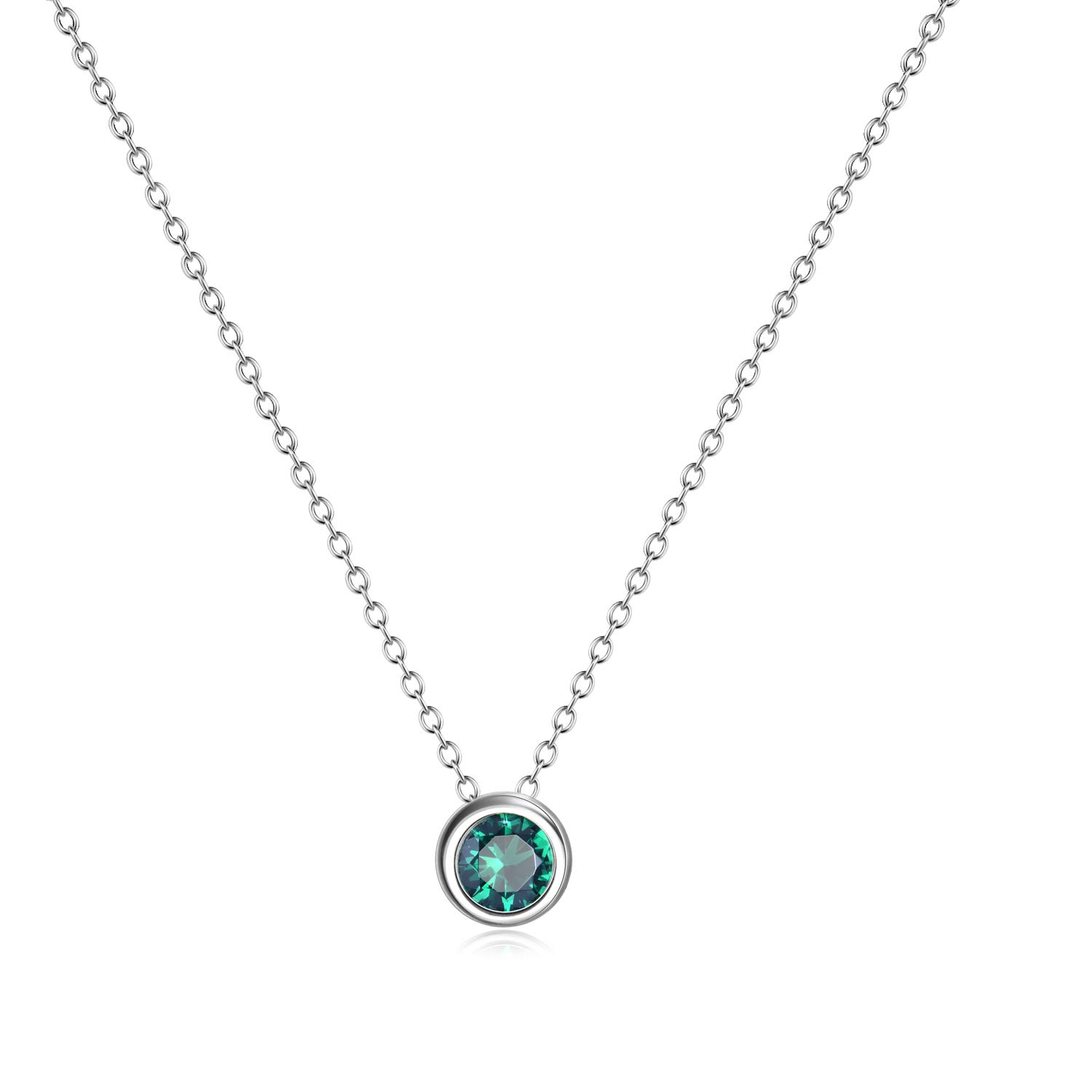 Simulated Birthstone Necklace CZ Halo Pendant Cubic Zirconia Sterling Silver Necklaces Gifts for Women Girls (Green-May)