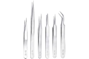 ABAJI 6 Stainless Fine Tip Tweezers Industrial for Electronics Laboratory Work Jewelry-Making Craft, Soldering Multiple Usage
