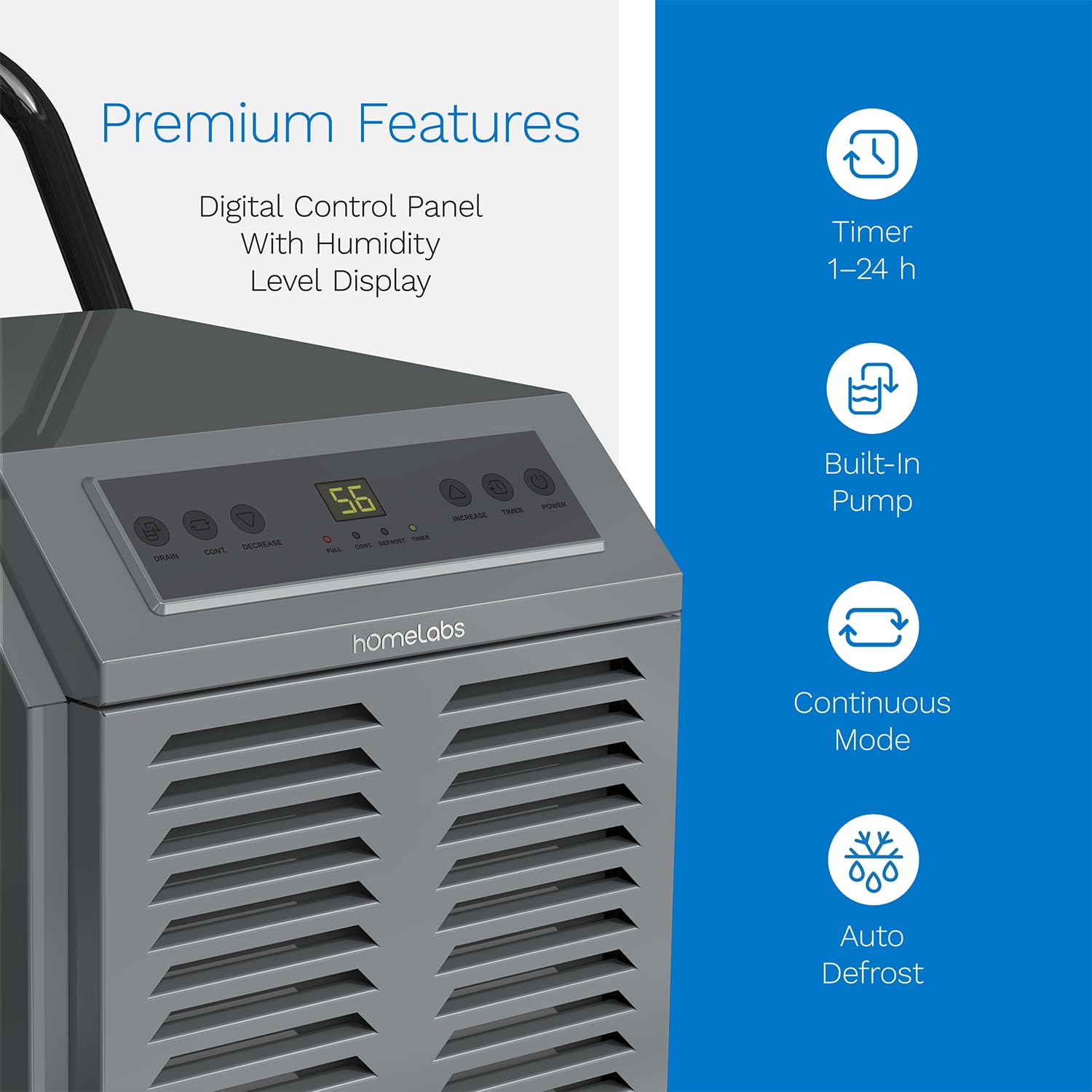 hOmeLabs Commercial Grade 160 Pint Dehumidifier - Built-In Pump, Includes Drain Hose and Washable Filter - Ideal for Large Basements, Industrial or Commercial Spaces and Job Sites