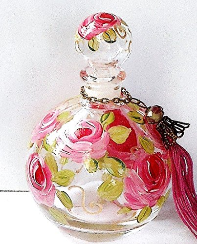 Hand Painted Rose Large Round Empty Glass Perfume Bottle with Stopper Cap and Handmade Tassel