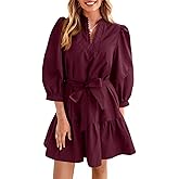 Cicy Bell Womens Puff 3/4 Sleeve Mini Dresses Bow Tie Waist V Neck Casual Trendy Ruffle Tiered Short Dress