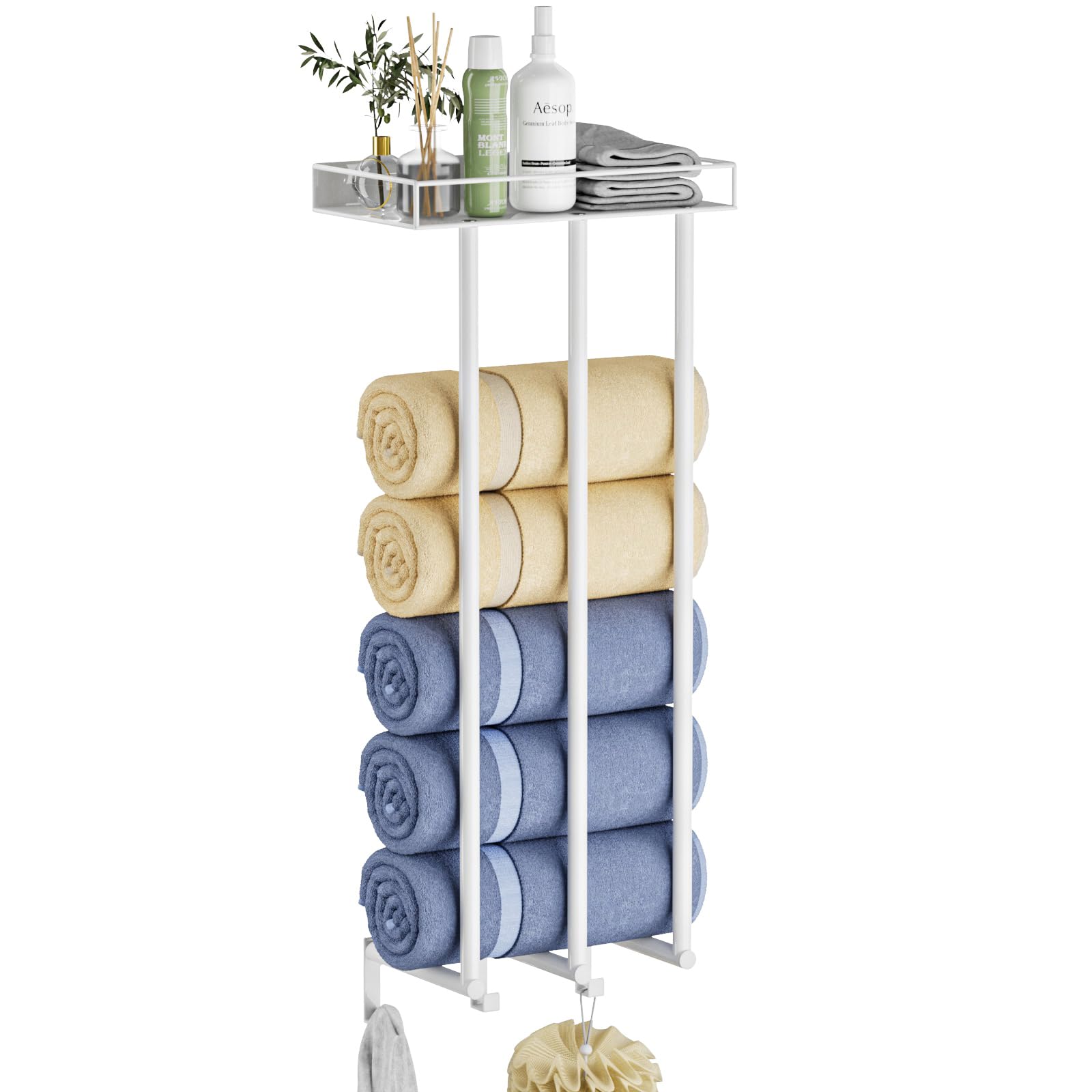 OVICAR Ovicar Towel Racks for Bathroom - Wall Mounted Rolled Towels Storage with Metal Shelf & 3 Hooks,3 Bars Wall Towel Holder for Small Bathroom, Bath Towel Organizer (White)