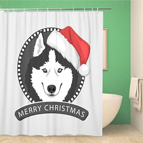 Amazon 赤いサンタ の帽子犬の肖像画で設定された72 X 72インチのシャワーカーテンの帽子青い目と黒と白のシベリアンハスキー家の 装飾防水ポリエステル生地の浴室のカーテン 180x180 Cm シャワーカーテン ホーム キッチン オンライン通販