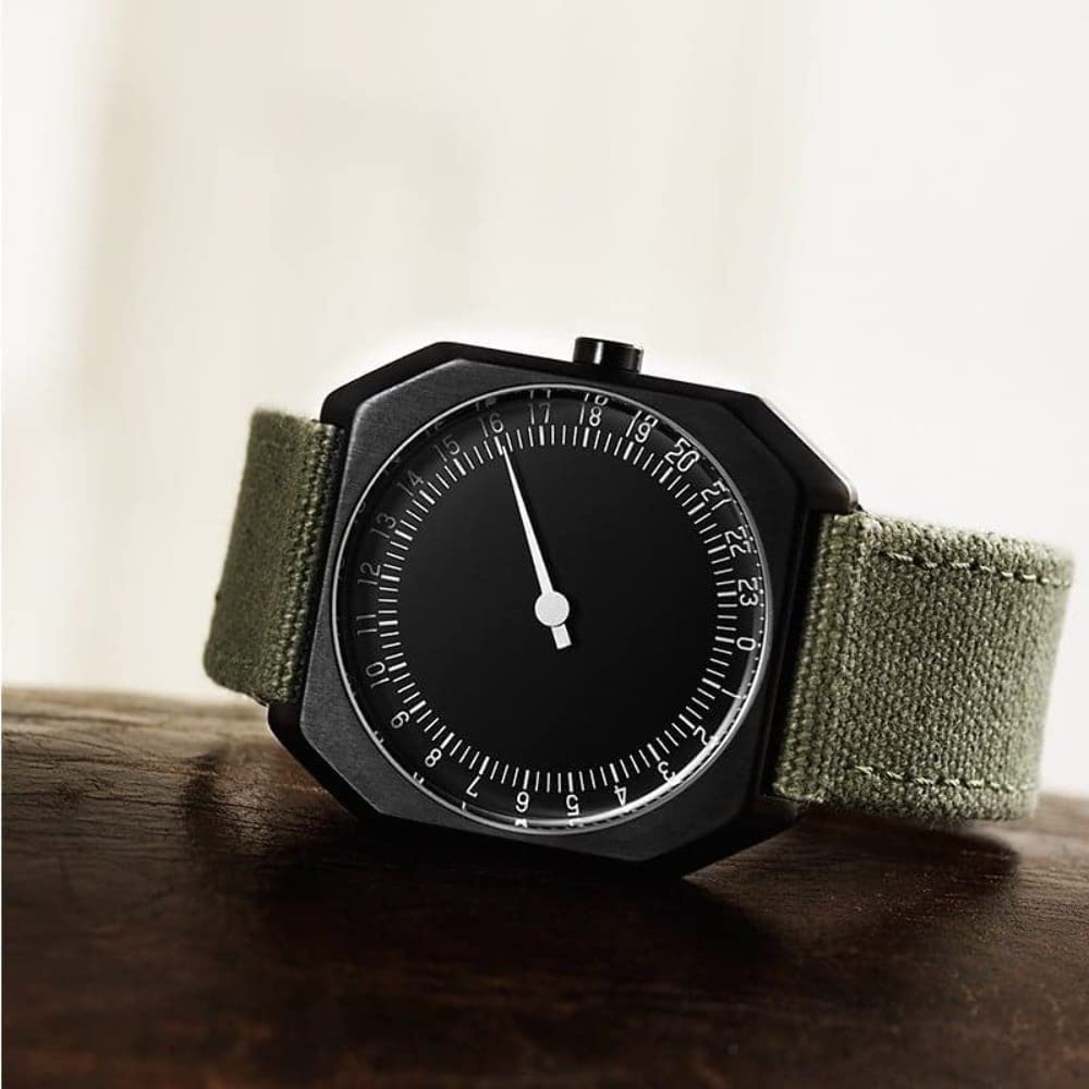 slow Jo 15 - Swiss Made one-hand 24 hour watch - Black with olive grenn canvas band