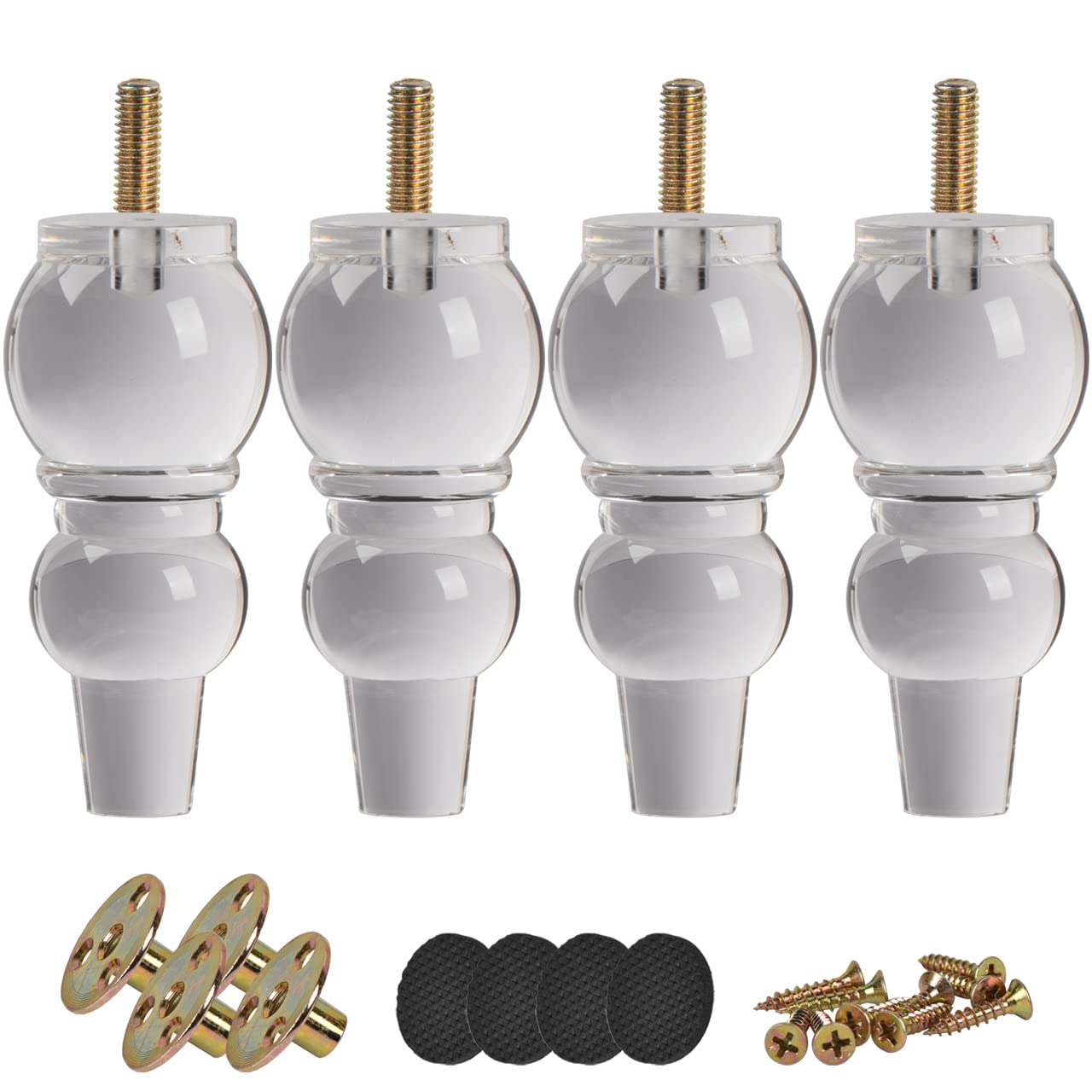 Btowin 6 inch Acrylic Furniture Legs, 4Pcs Turned Clear Glass Bun Feet with Threaded M8 Hanger Bolts & Mounting Plate & Screws for Sofa Couch Cabinet Bed