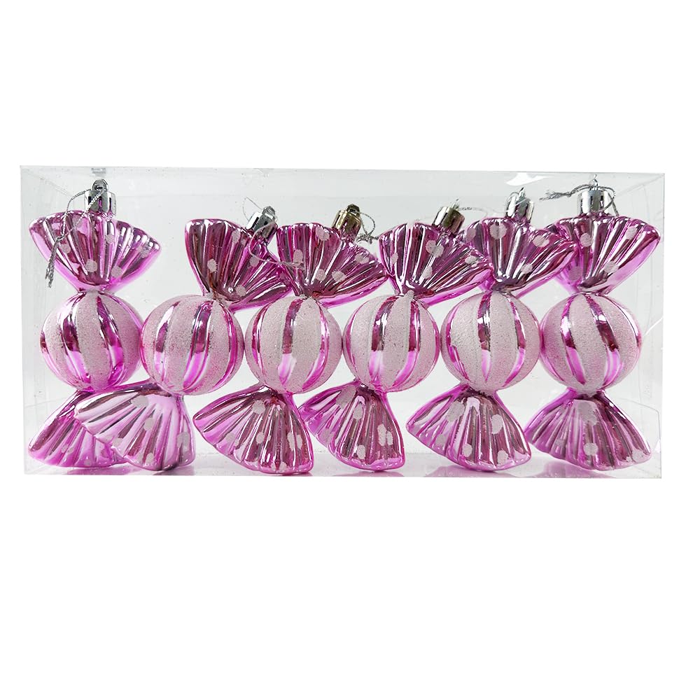 6 PCS 11CM Large Christmas Candy Ornaments Hanging Glitter Candy Cane Ornaments Christmas Tree Candy Peppermint Party Home Decorations, Pink