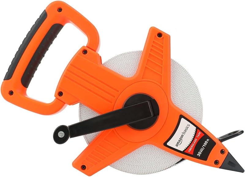 Mètre ruban en fibre de verre à bobine ouverte résistant aux impacts - 30 m/100 pieds par 0,5 pouce, pouces/mètres, Vine, Orange