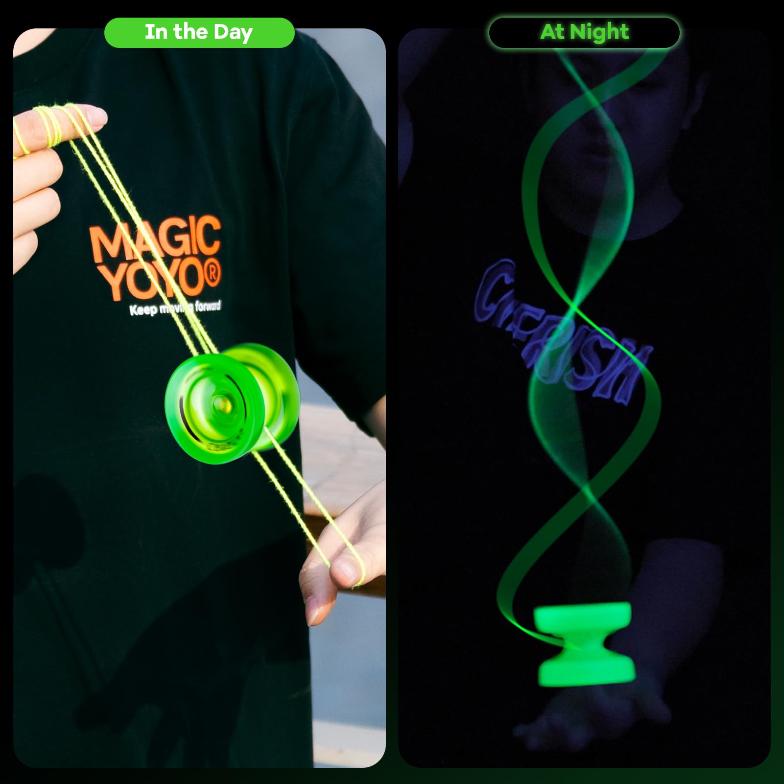 MAGICYOYO K2 Yoyo Professional Glow in The Dark, Responsive Yoyo for Kids 8-12, Unresponsive Yo yos for Adults, Plastic Yo-yo for Finger Spin Trick, 12 Yo yo Strings + Extra accessory kit (Glow Green)