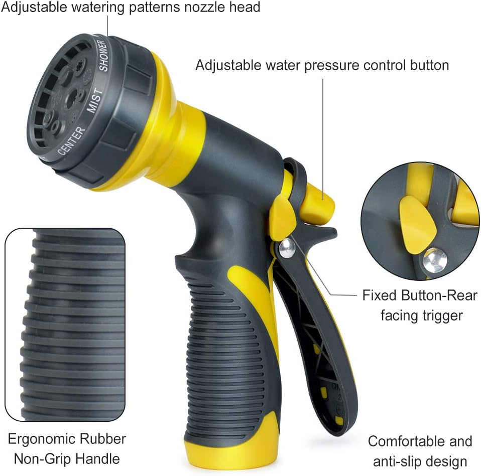 Accenter Water Hose Nozzle Water Spray Nozzle Heavy Duty Plastic Garden Hose Nozzle with 8 Patterns of Spray Perfect for Watering Plants Lawns, Washing Cars, Showering Dogs Yellow : Garden & Outdoor