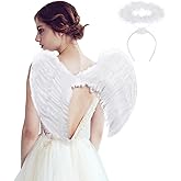 SEVADA White Angel Wings and Halo Costume for adult, Angel Halo and Wings Angel Costumes for Adults Women Men, Christmas White Feather Angel Wing for Kids Girls Child Teen Boys Children