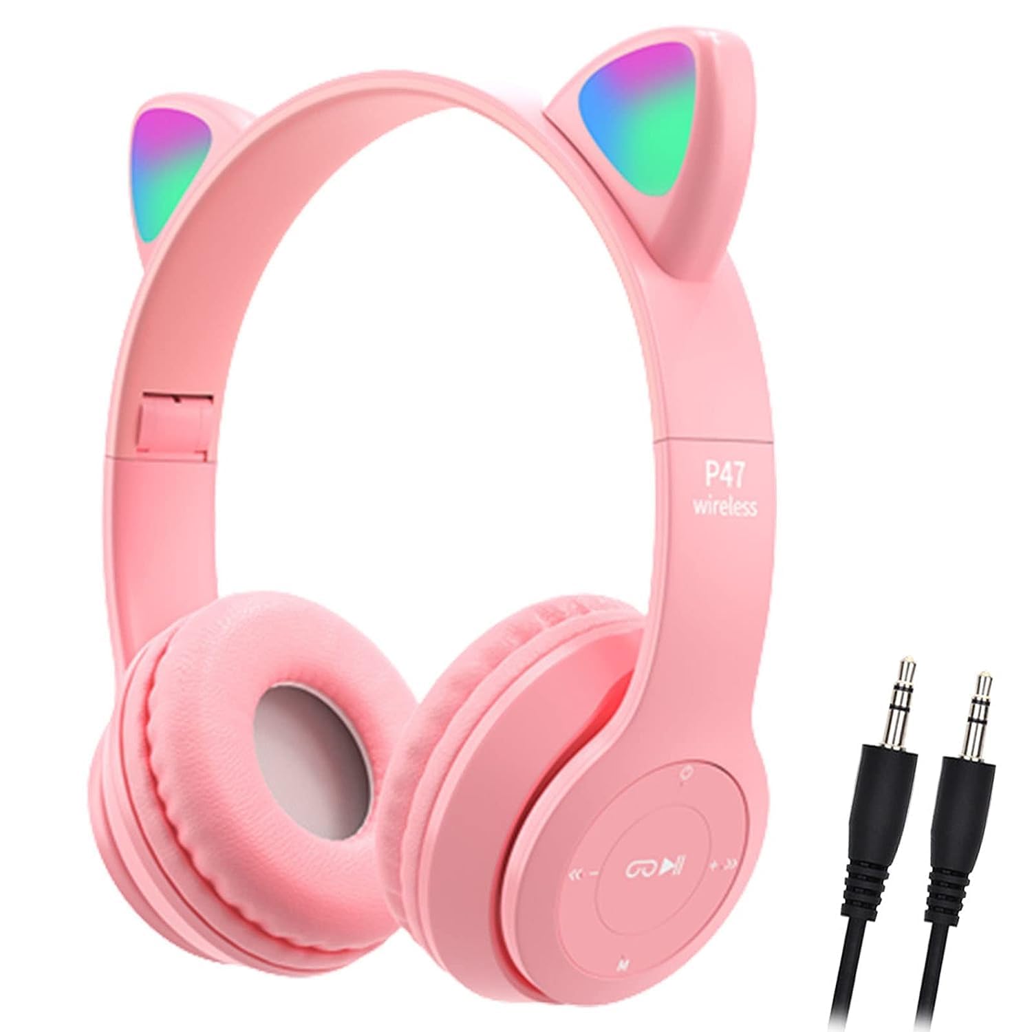 arVin Wireless Kids Headphones, Bluetooth Kids Headset Over Ear with Microphone, Cat Ear LED Light Foldable Child Earphones for Girls Boys Gift Age 7+ (Pink)