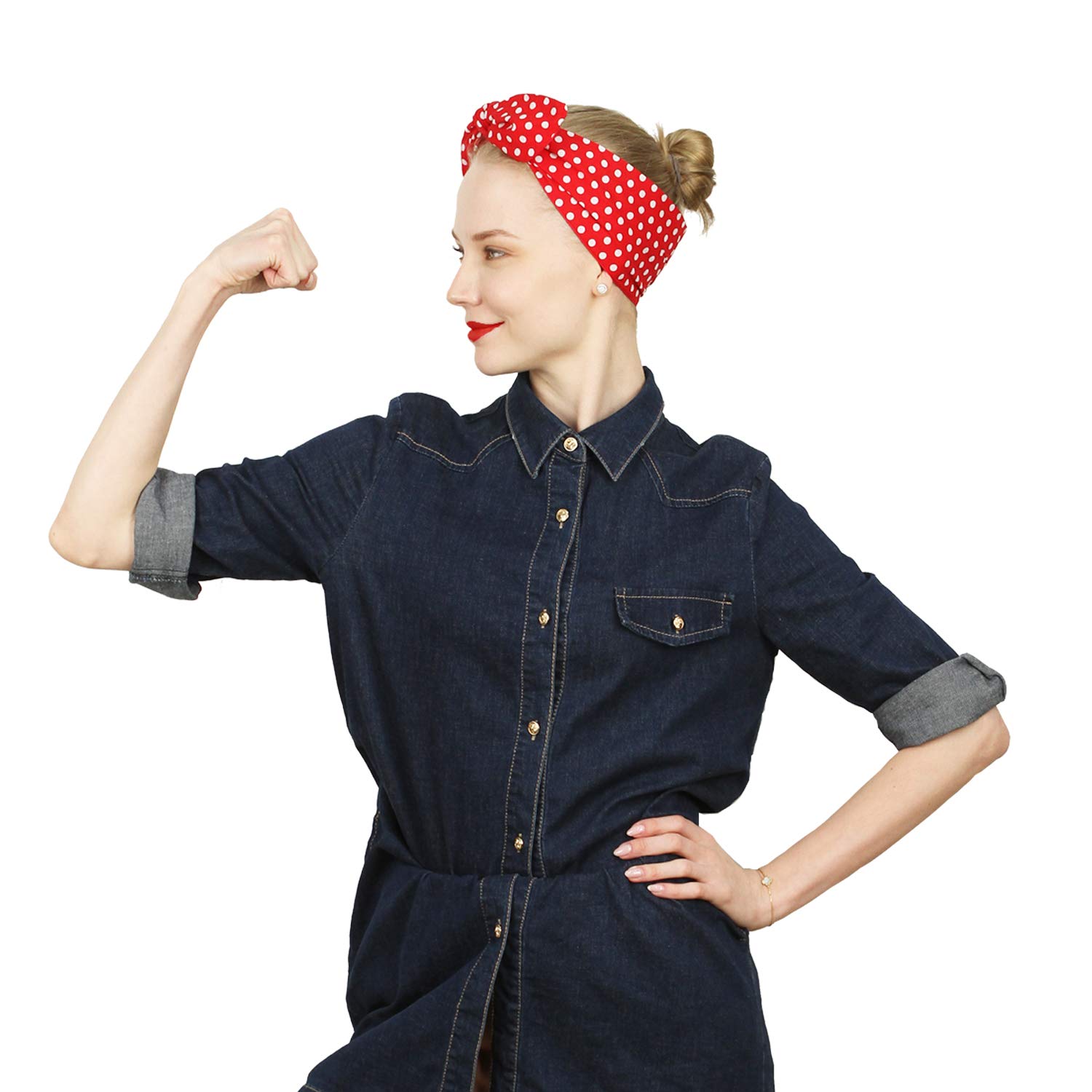 Sea Team Cotton Headband Bows Red with White Polka Dots Double Wide Headwrap Cotton Head Band : Beauty