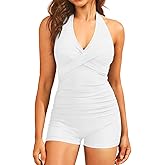 Women One Piece Swimsuits with Shorts - Tummy Control Retro Bathing Suit Halter Boyleg Swimwear