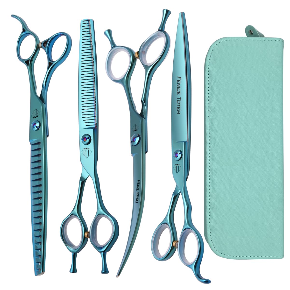 Photo 1 of Fenice Totem Dog Grooming Scissors: Blueish Green 5 in 1 Pet Shears Kit Made of Japanese 440C Advanced Stainless Steel Professional Grooming Scissors for Dogs Cats and Other Pets