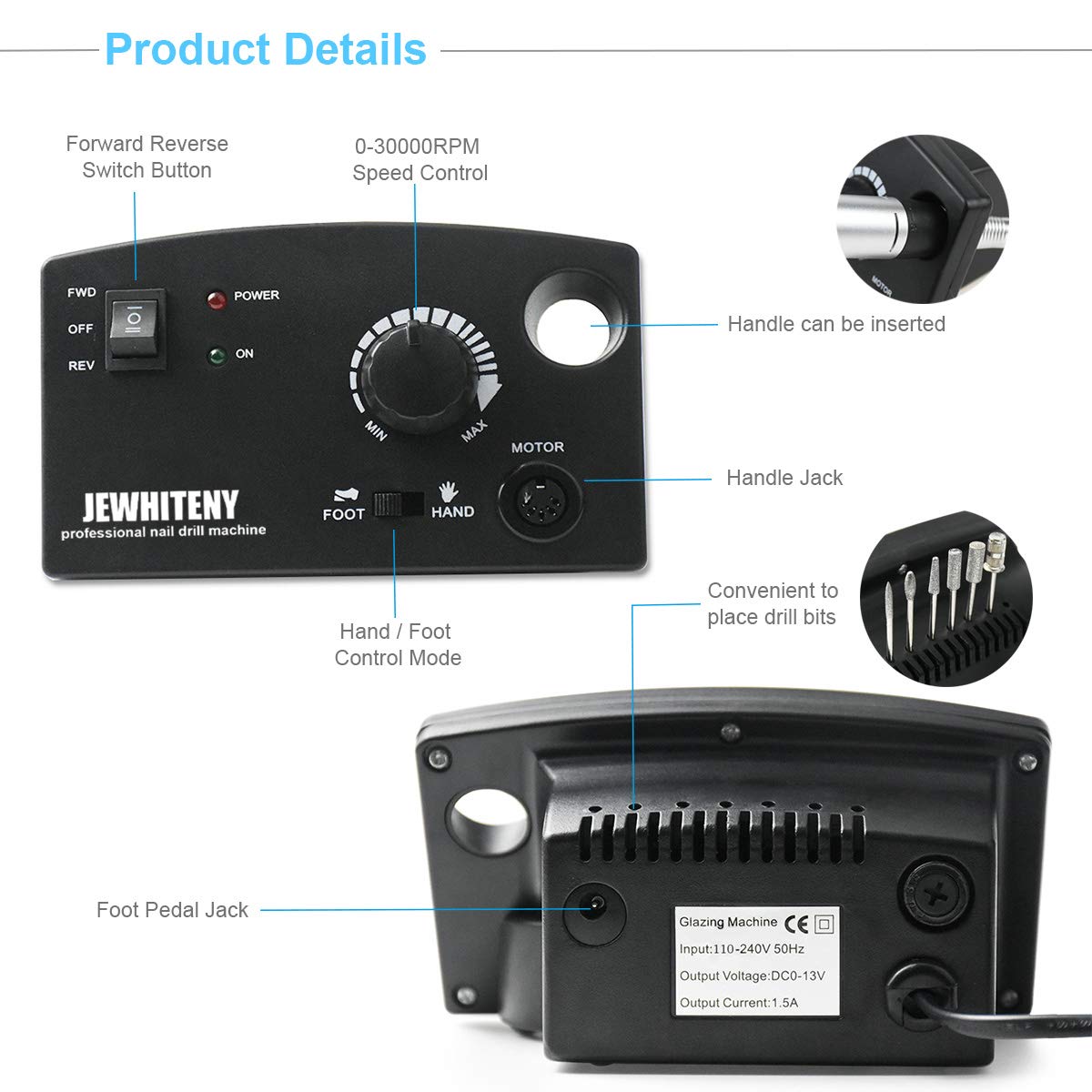 JEWHITENY Professional Nail Drill Machine 30,000RPM, Light Electric Acrylic Nail File Kits for Remove Nail Gel Polish, Manicure Machine Design for Home Salon Use, 110-240V(Black): Beauty