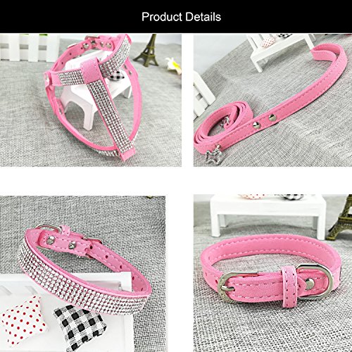 Newtensina Dog Collar & Harness & Lead Sets Fashion Dog Collar Diamante with Harness & Leashes Comfortable Soft Suede Collar Harness and Leashes Set for Dog - Pink - M - Thumbnail 5