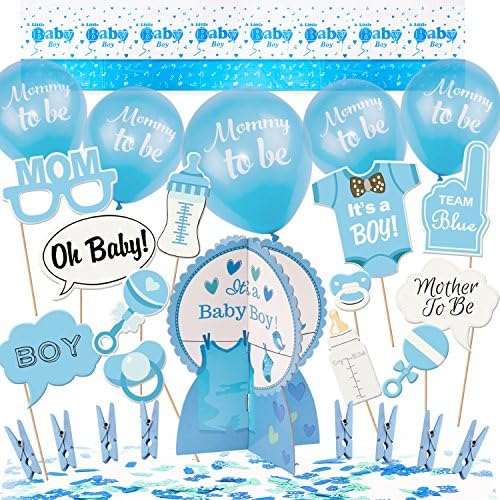 ARTIT Baby Shower Boy Blue Decoration All-in-1 Perfect Bundle Kit with the Hottest Favors - 3D Table Centerpiece, Tablecloth, Photo Booth Props, Balloons, Confetti and Pin Clothes (50 pcs)