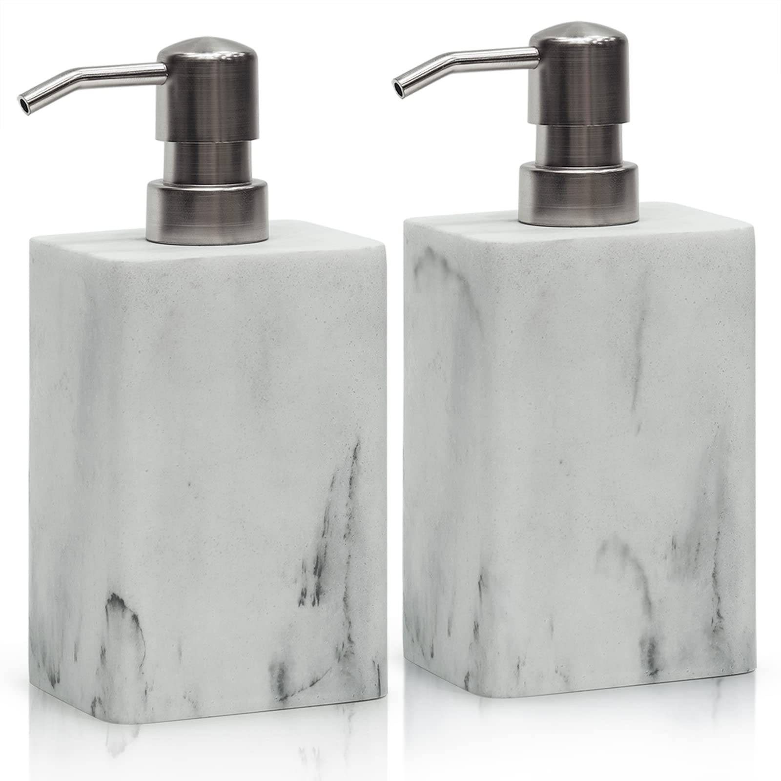 Suanti Premium Resin Stone Soap Dispenser Set of 2,White Marble Hand Soap Lotion Dispenser for Bathroom Counter&Kitchen Sink Decor,Refillable Liquid Dish Soap Bottle with Easy-Press Pump-445ml