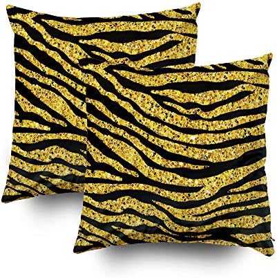 EMMTEEY Home Throw Pillowcase for Sofa Cushion Cover Golden Glitter Tiger Zebra Pattern Gold Foil Texture Animal Skin Background Decorative Square Double Sided Printing 18X18Inch，Set of 2