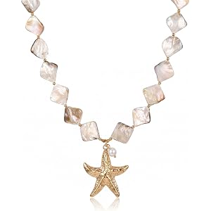 Gmai Shell Necklace for Women Chunky Beaded Necklace Seashell Necklace Beach Jewelry Starfish Necklace Boho Statement Collar
