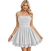 WDIRARA Women's Tie Shoulder Ruched Sleeveless Shirred Layered Ruffle Hem Cocktail Party Cami Dress
