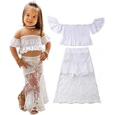 LXXIASHI 2Pcs Toddler Skirt Outfit Baby Girl Flutter Sleeves Off Shoulder Crops Top + Maxi Split Skirt Shorts Clothes Sets