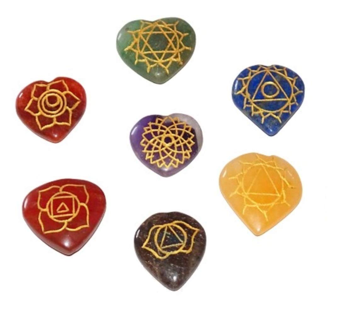 DHYANARSH 7 Chakra Stones Heart Shaped Set - Reiki Healing Crystals with Engraved Symbols - Holistic Balancing Agate Stones - Metaphysical Crafting