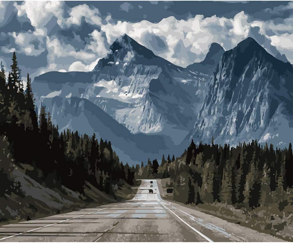 DIY Paint by Numbers Kit, Kids Adults Landscape Painting Canvas Oil Painting Kit with Brushes and Acrylic Pigment 16 x 12'' Without Frame (The Road to The Mountain)