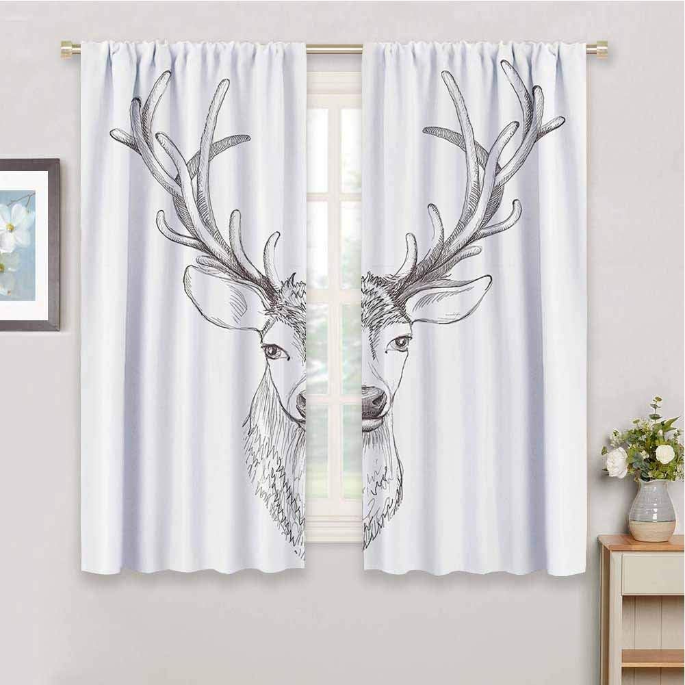 DIMICA Fabric Curtain Antlers Sketch of Deer Head Illustration Style Black and White Monochromic Wild Animal Art Soundproof Shade W54 x L39 Inch Warm Taupe