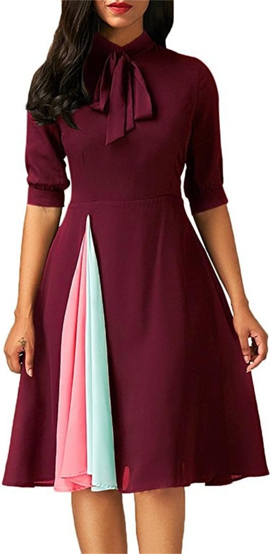 LeFashion Women Elegant Half Sleeve Pleated Skater Swing Flare Dress Autumn and Winter Models (Red, XL)