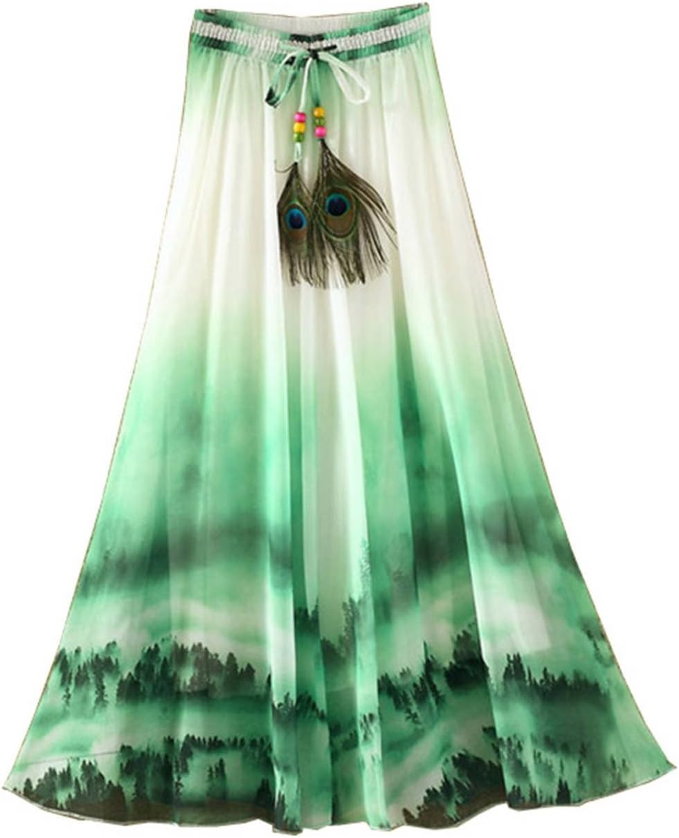 Kaxuyiiy Women's Peacock Feather Boho Chinese Painting Beach Party Elastic Waist Maxi Long Pleated Skirt