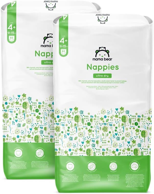 By Amazon Ultra Dry Nappies - Size 4+ (9-15 kg)- With Channels- 160 Units (2 packs x 80) (Previously a Mama Bear Brand, Same Product)
