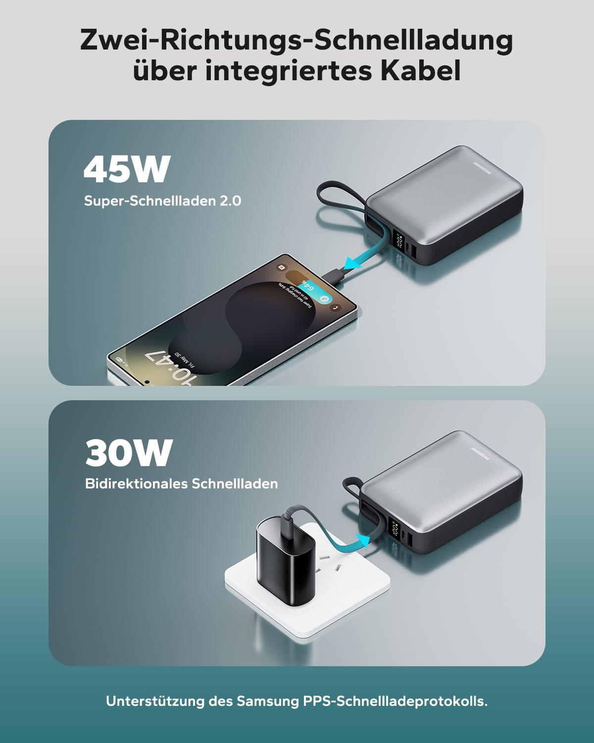 Eazpower Powerbank 45W Schnellladefunktion 20,000mAh mit USB-C Kabel integriert, Externe Handyakkus Leicht Klein Aber Stark für iPhone 17/16 /15 Pro, Samsung S25 Ultra, Xiaomi - Raummetallsilber 6