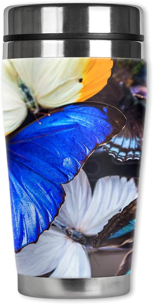 Mugzie 16 Ounce Stainless Steel Travel Mug with Wetsuit Cover - Colorful Butterflies