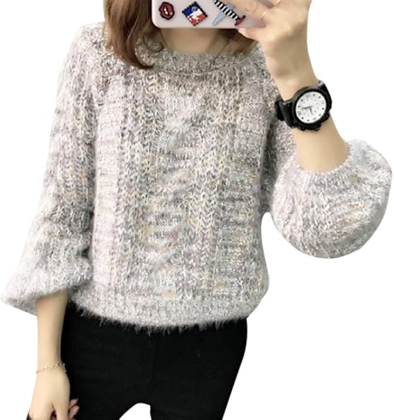 Amazon Formanism ガーリー もこもこ ショート ニット セーター ランタン スリーブ レディース グレー セーター 通販