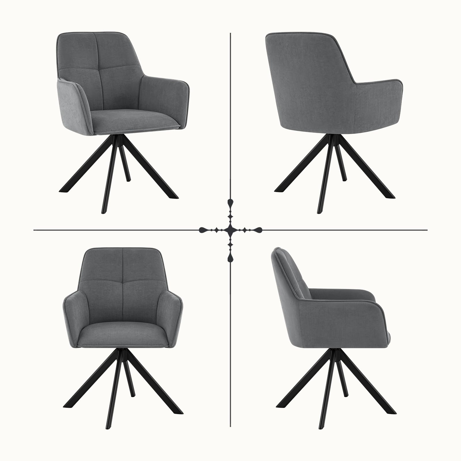Ckaff Esszimmerstühle Drehbar 6er Set mit Armlehne, 360°Drehbar Polsterstuhl Samt Modern Drehstuhl Küchenstuhl mit Metallgestell und Rückenlehne für Esszimmer, Wohnzimmer, Büro, Dunkelgrau 8