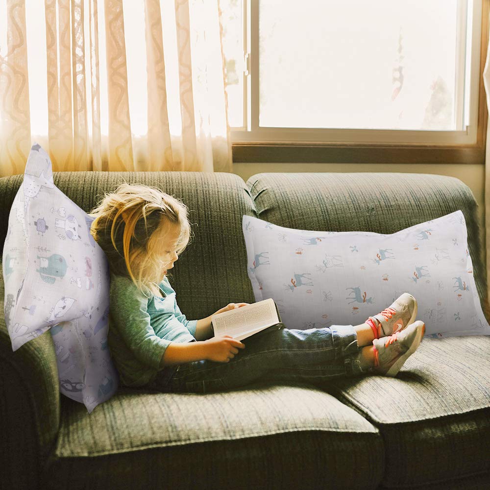 Kids Toddler Pillowcases 2 Pack Organic Cotton Baby Pillow Cover with Cute Animals Printing Comfortable Travel Pillow Cases for Boys and Girls Breathable Pillowslip Cases 13 x 18 Inches