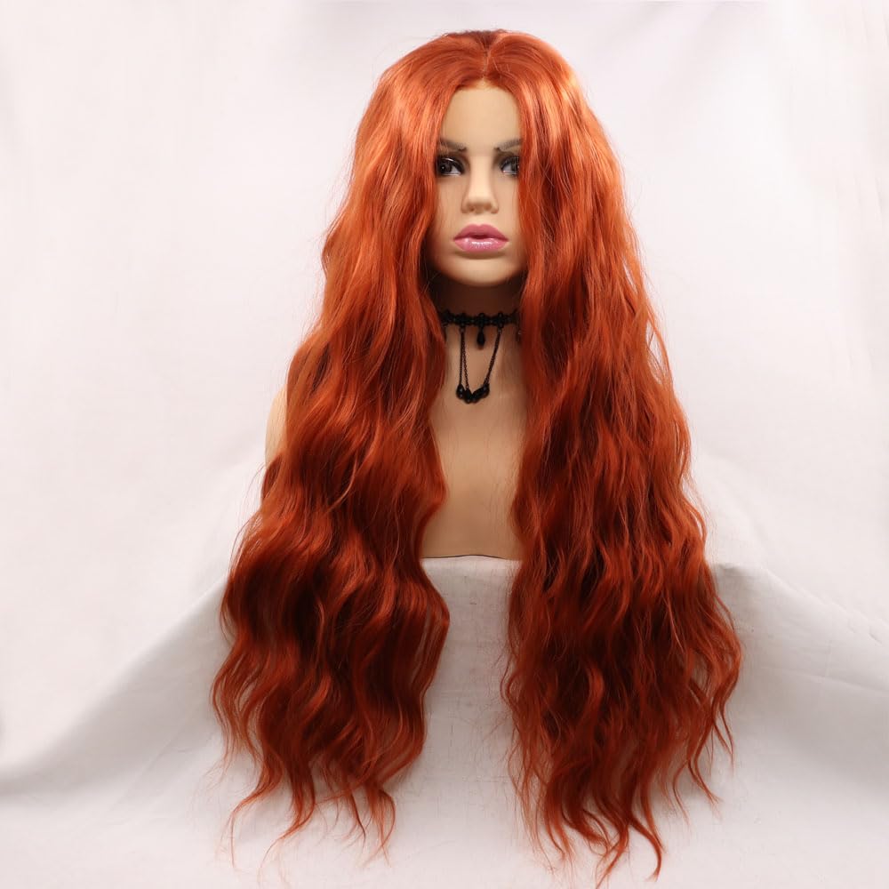 Xiweiya Long Auburn Wavy Wig #360 Bright Copper Color Curly Synthetic Lace Front Wigs Middle Part Wig Long Soft Wavy Wig Hair Replacement Wig for Women, Drag Queen Makeup 24 inch