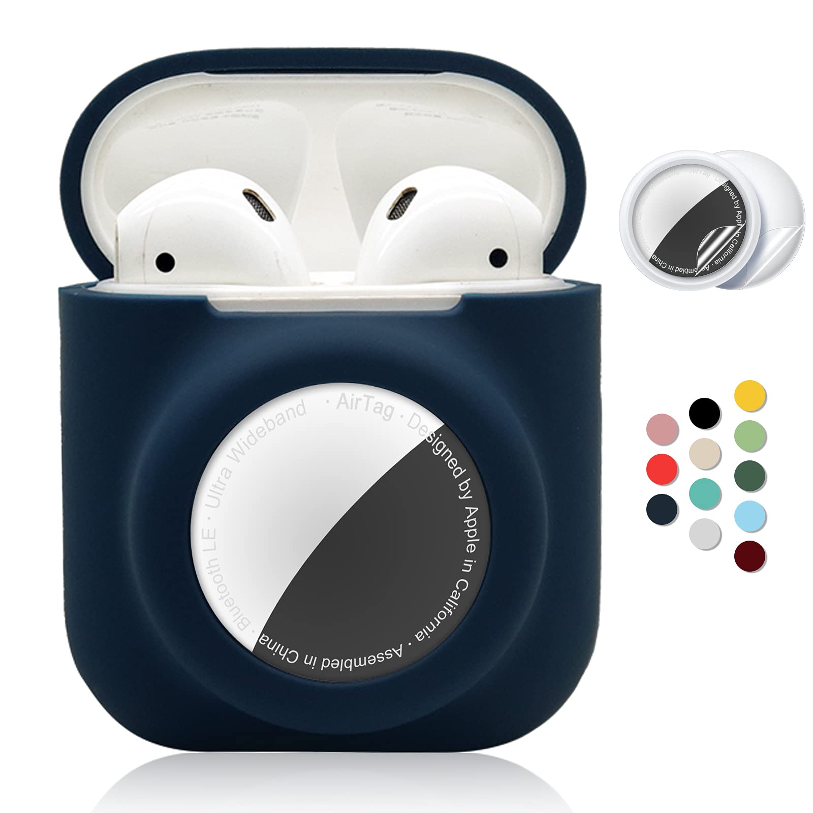 Photo 1 of 2 in 1 Silicone Protective Skin Cover Compatible with AirPod 1&2 and AirTag, Soft Comprehensive Protective Case with 2 PCS TPU Screen Protector, Anti-Scratch Anti-Fall Anti-Lost(NavyBlue)