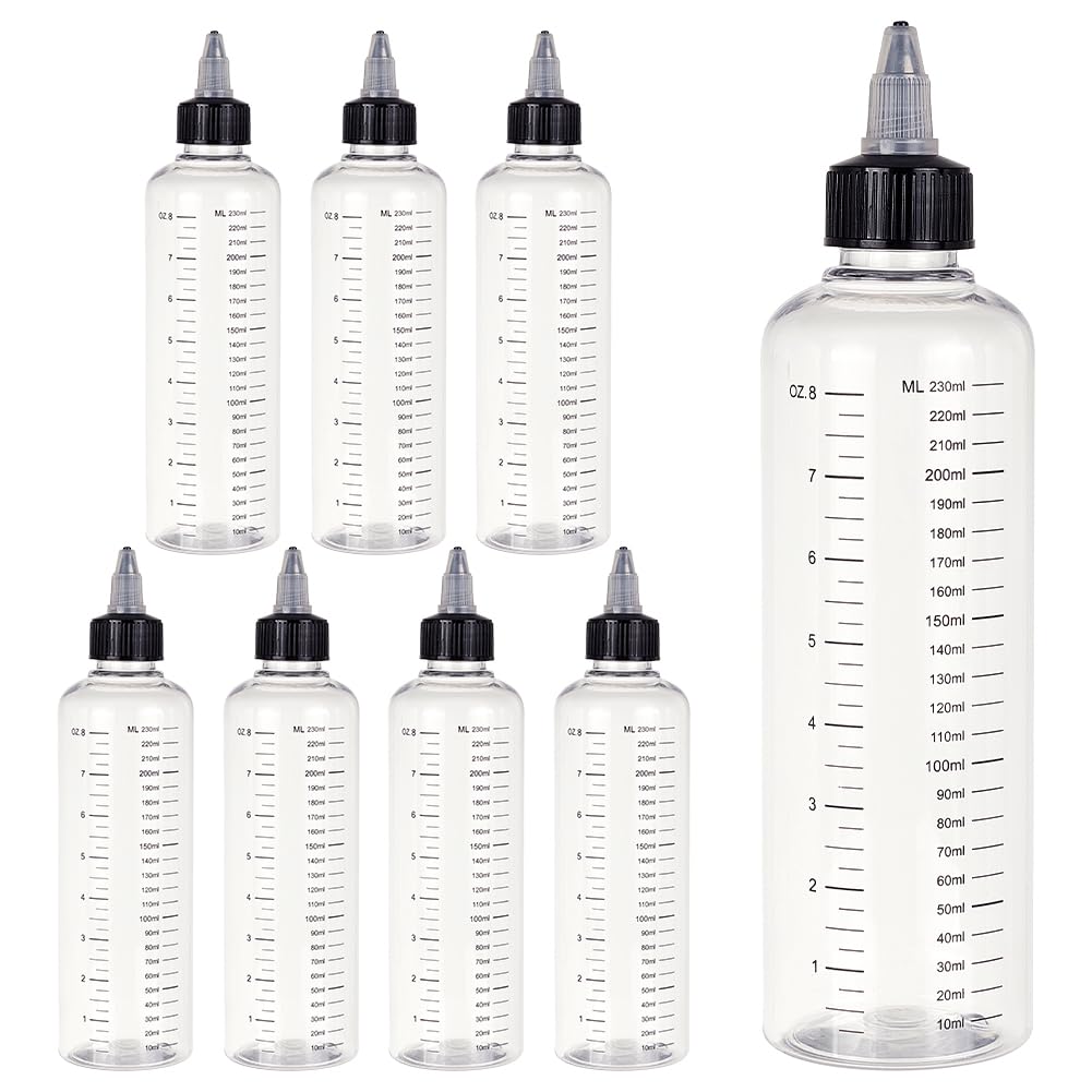 BENECREAT 8PCS 230ml Scale Empty Plastic Squeeze Bottles with Black Twist Graduated Squeeze Dispensing Bottles for Ink Liquid, Oils, Gels, Glue