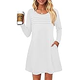 Wenrine Womens Long Sleeve Dress Fall Casual T Shirt Loose Fit Pleated Front Mini Dresses with Pockets