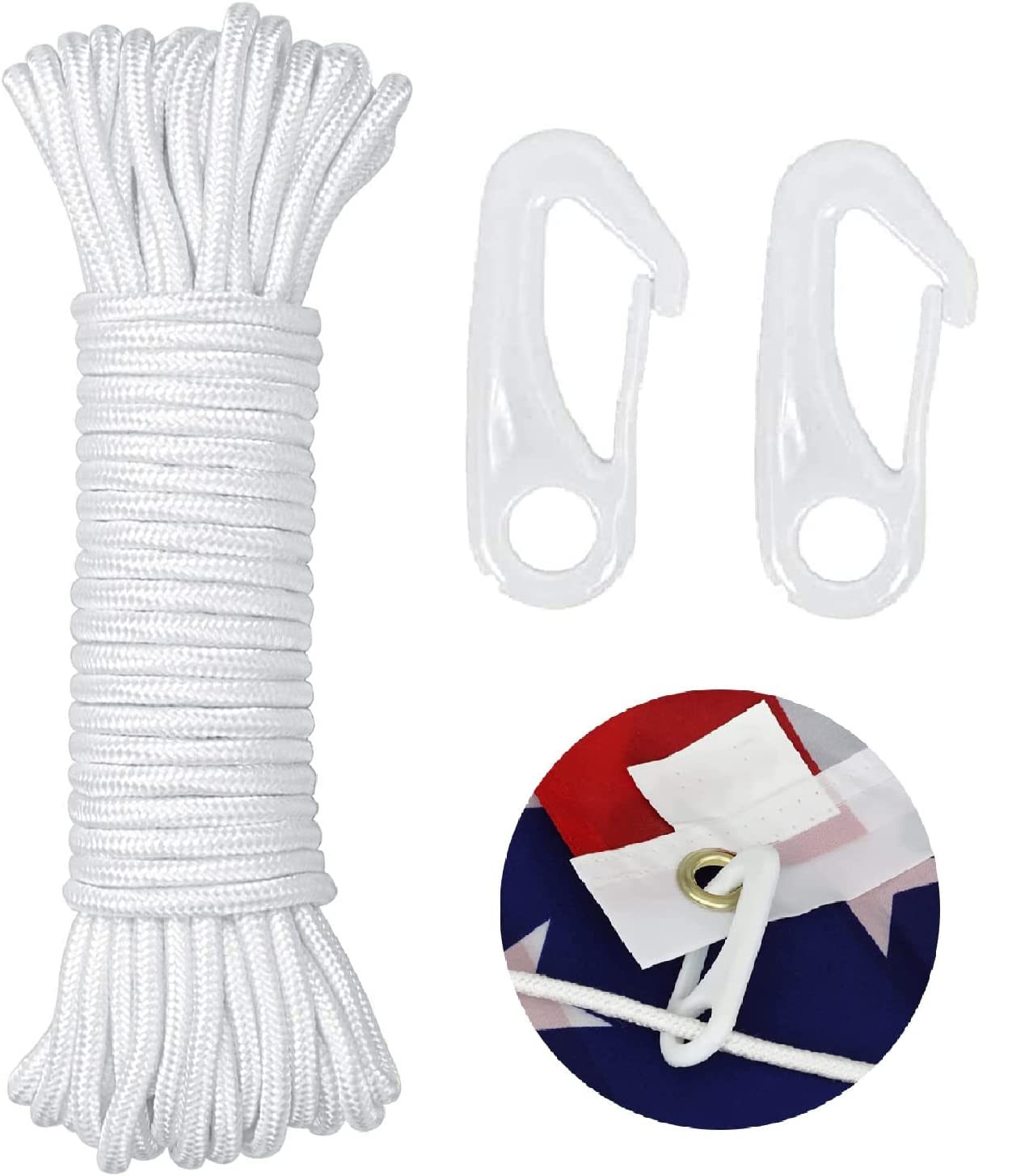 Flag Rope Flagpole Rope, 15 m Flag Rope Halyard with 2 Flag Hooks, Weatherproof Tear-Resistant Climbing Rope, Braided Nylon Cord, for Flagpole, Sailing Boat, Garden, Nylon Flagpole Clip, Carabiner