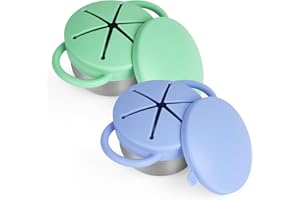 DAXIMO 2 Pack Snack Cups for Toddlers Spill Proof - Detachable Stainless Steel Toddler Snack Cups with Silicone Lids & Handles - Dishwasher Safe Baby Snack Containers for Mess-Free Snacking (Blue and Green)