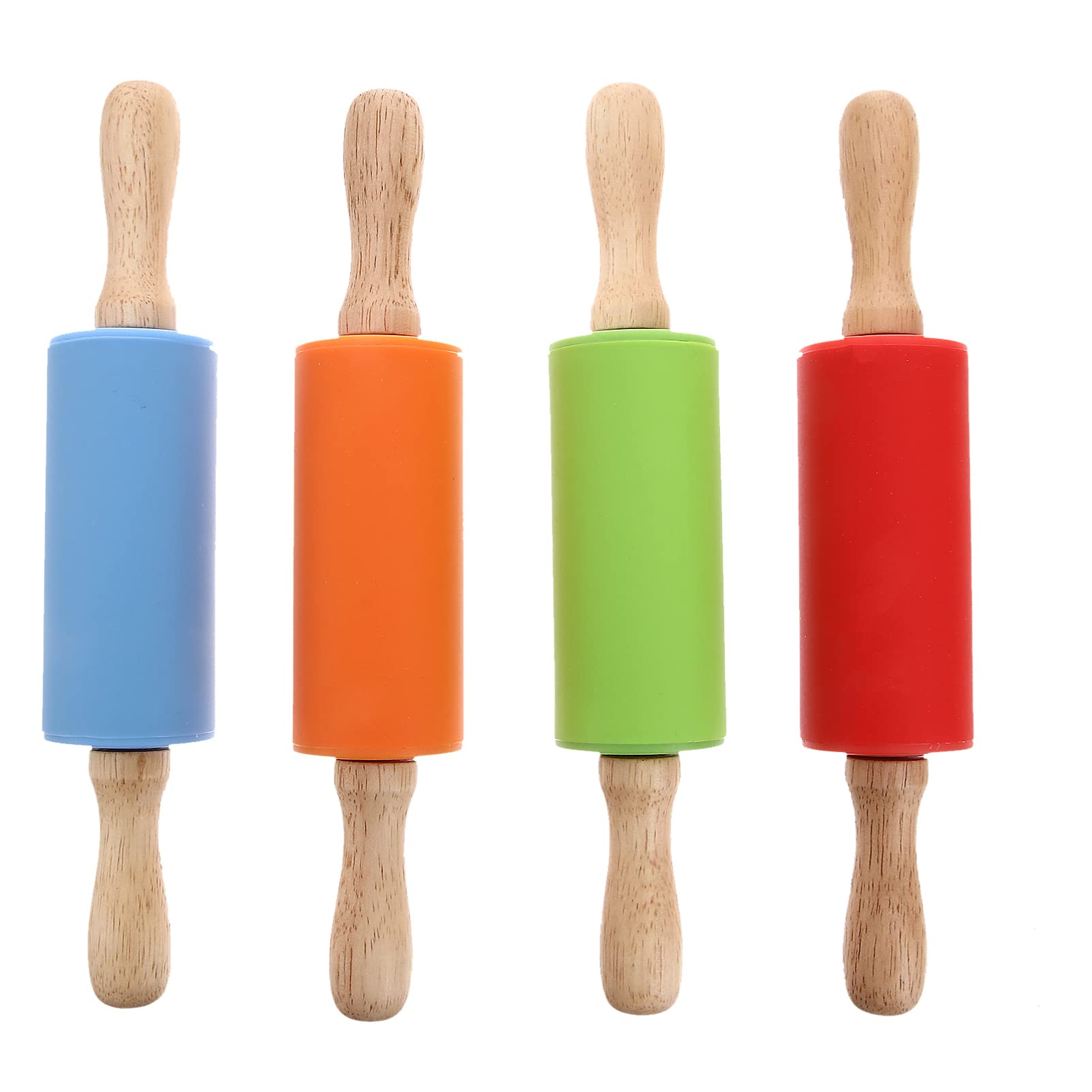 NUOBESTY Kids Toys 9 Inch Mini Rolling Pin, 4Pcs Silicone Rolling Pin Wooden Handle Non-Stick Dough Roller for Kids Children for Home Kitchen Baking Supplies (Red, Green, Orange, Blue)