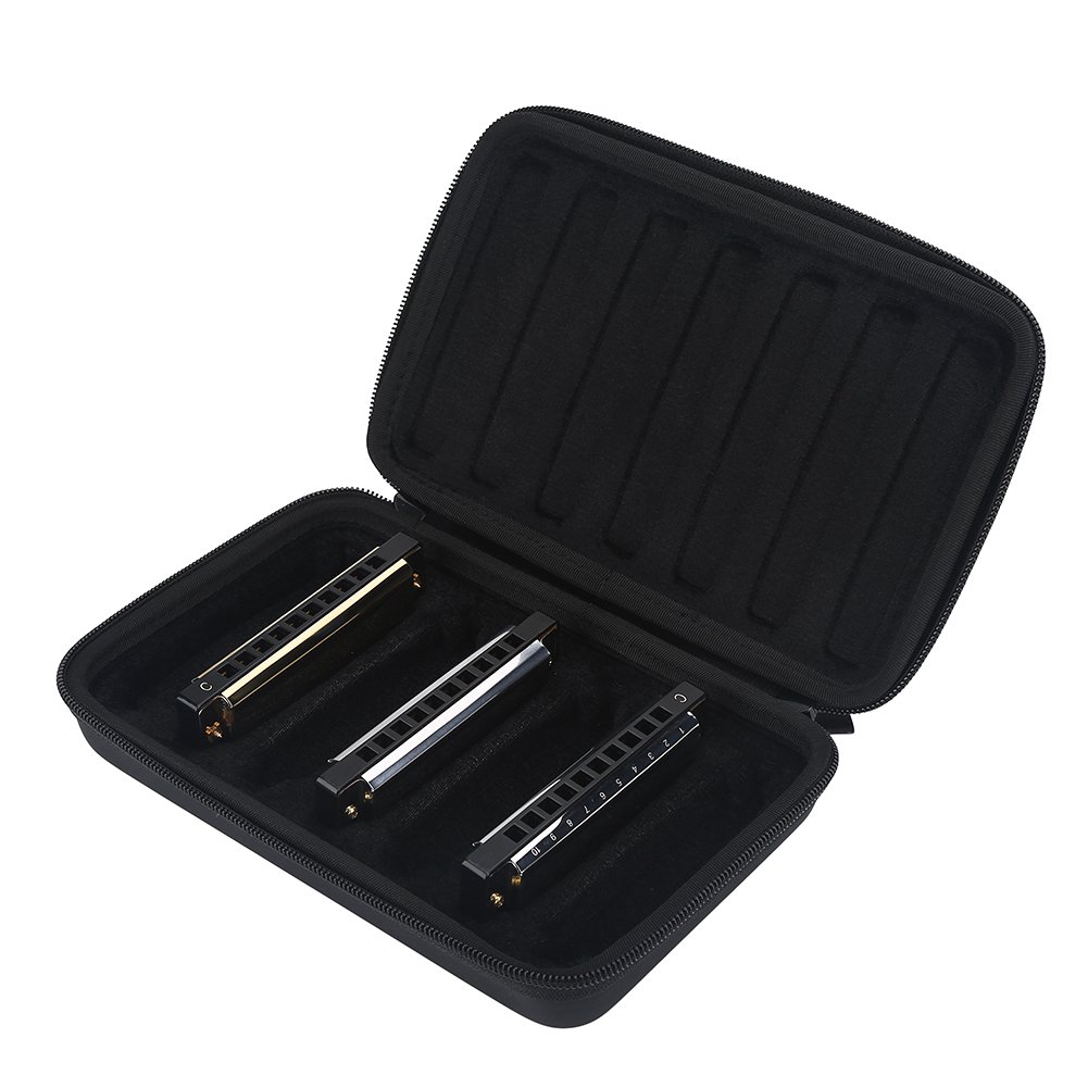 Harmonica Cases Bag, PU Leather Harmonica Storage Case Black Harmonica Zippered Carrying Case Storage Bag replacement for 7 Harmonicas