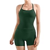 SUUKSESS Women 2 Piece Workout Sets High Waisted Tummy Control Biker Shorts Halter Padded Tank Tops